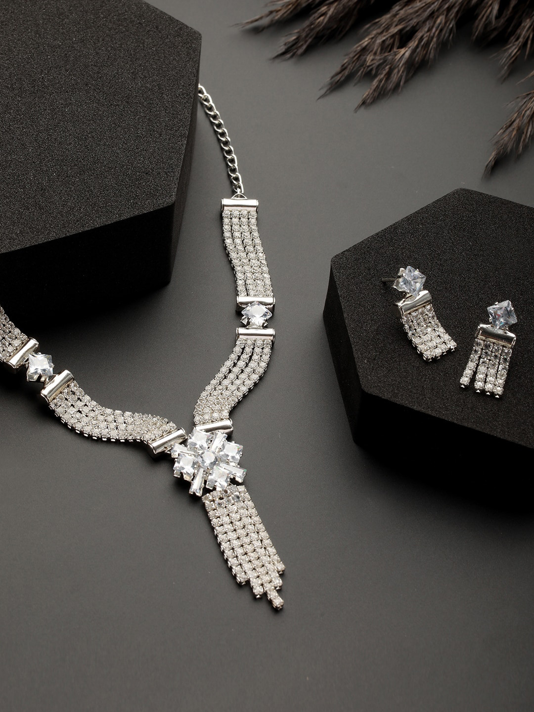 

Priyaasi Silver Plated Floral AD Studded Jewellery Set