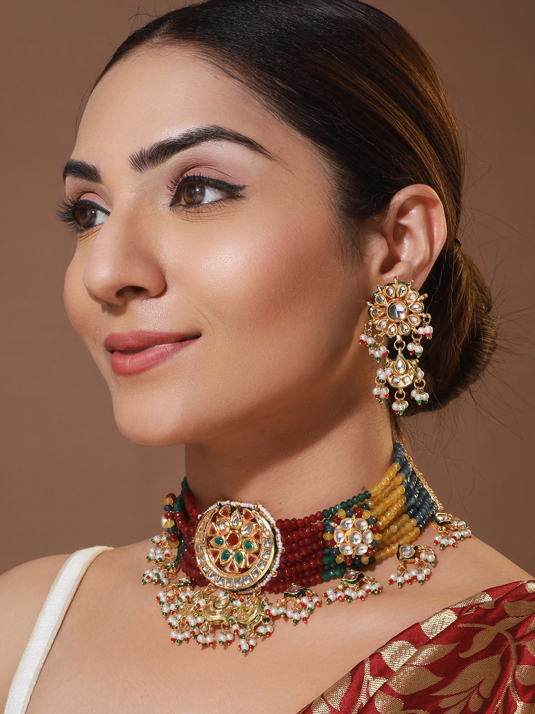 

Priyaasi Floral Studded Layered Gold-Plated Choker Jewellery Set, Red