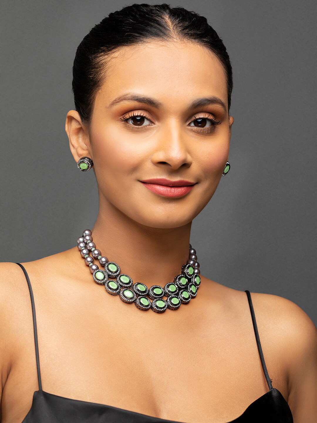 

Priyaasi Halo Spheres Dual-Layered AD Silver-Plated Jewellery Set