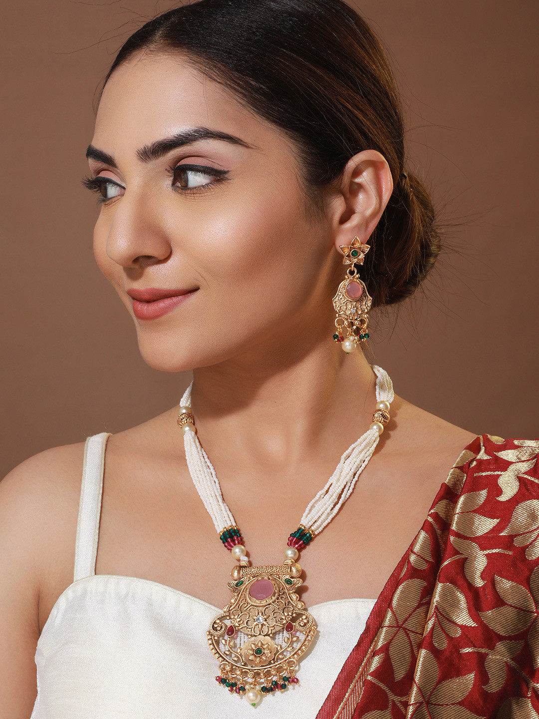 

Priyaasi Gold-Plated Floral Stone Studded Layered Jewellery Set