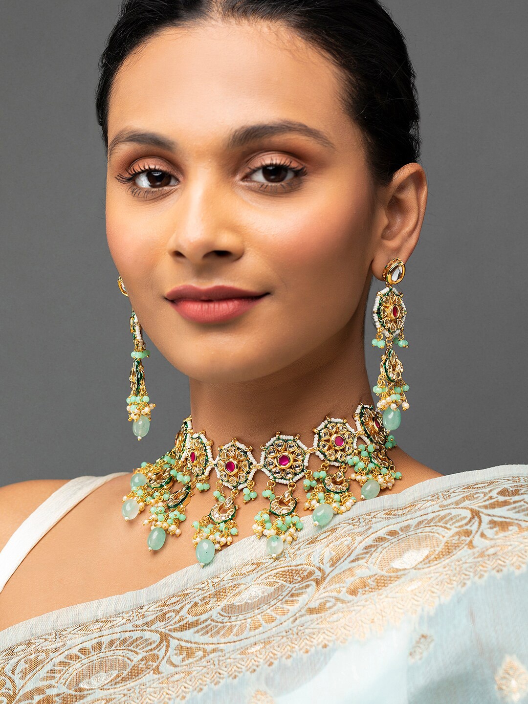

Priyaasi Gold-Plated Kundan Studded Jewellery Set, Sea green
