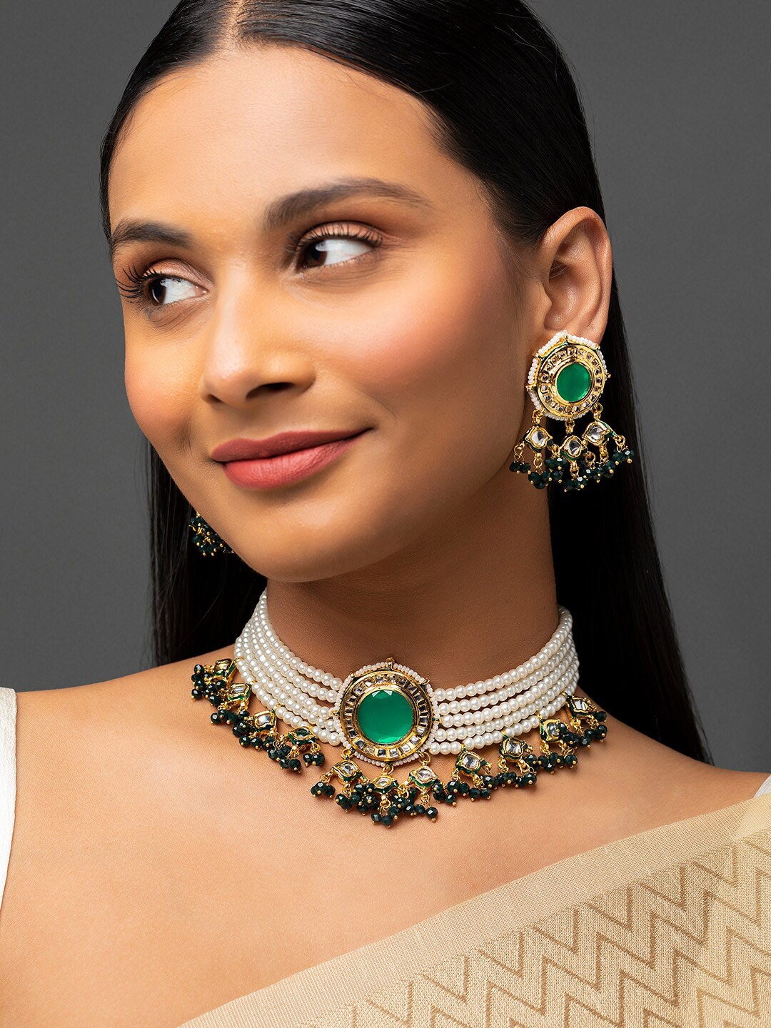 

Priyaasi Gold-Plated Kundan Layered Pearl Choker Jewellery Set, Green