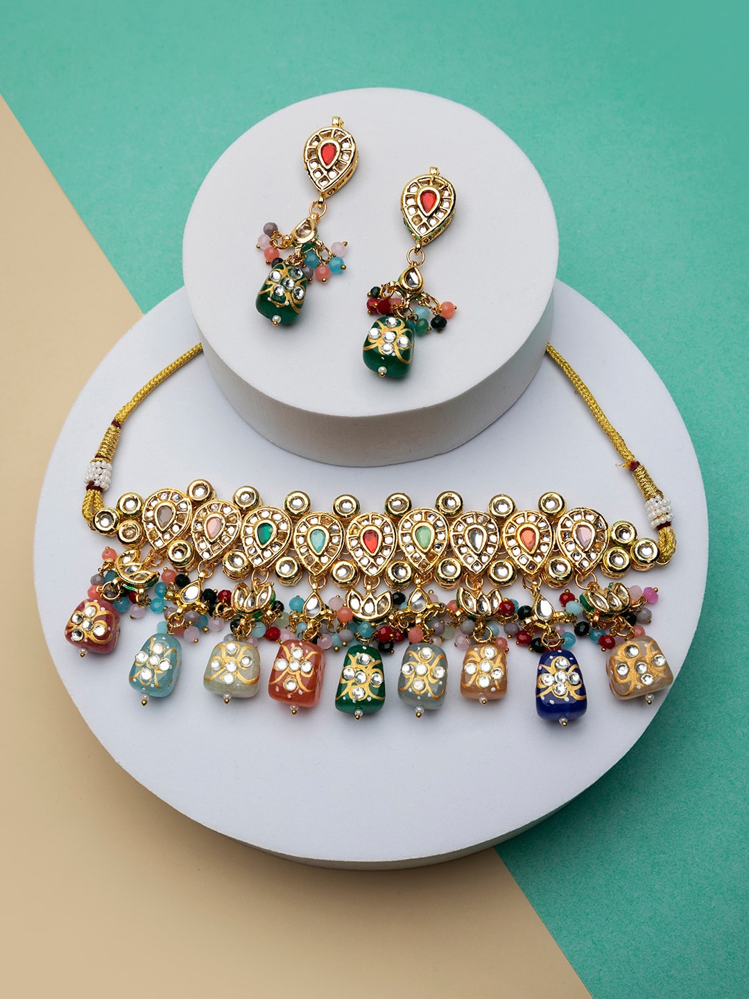 

Priyaasi Gold-Plated Beaded & Stone Studded Choker Jewellery Set