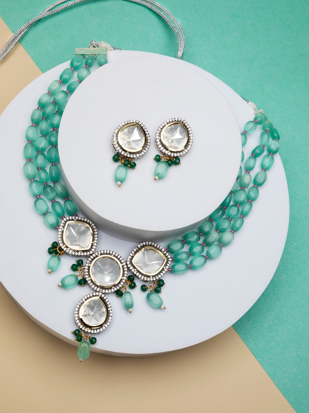 

Priyaasi Silver-Plated Studded Multilayer Beaded Jewellery Set, Sea green