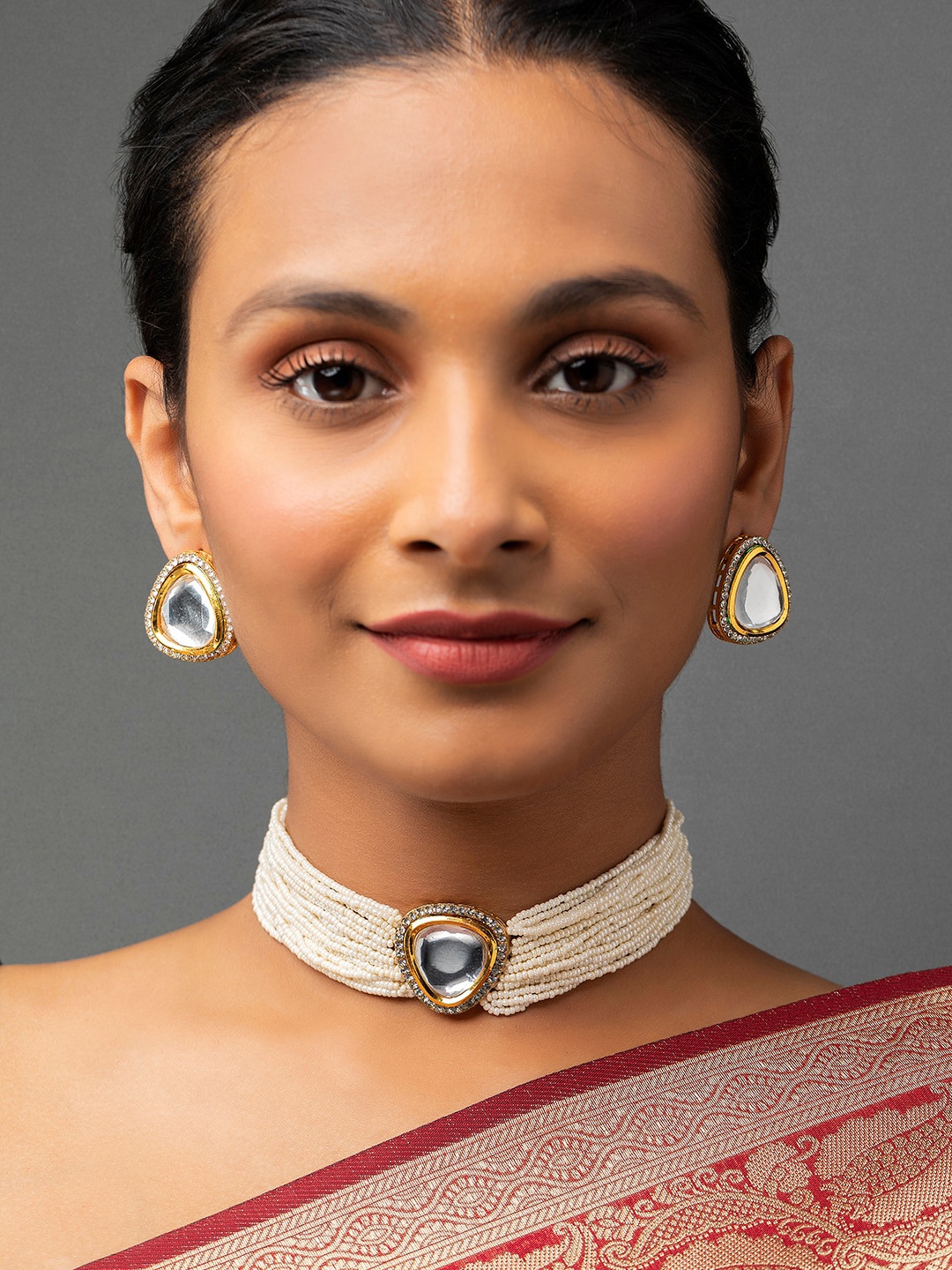 

Priyaasi Stone Studded Multilayer Gold-Plated Choker Jewellery Set, White