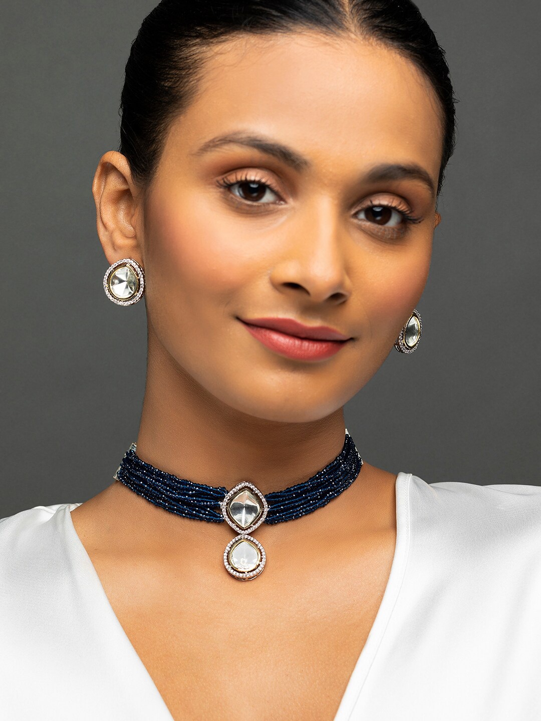 

Priyaasi Silver-Plated Multilayer Studded Beaded Choker Jewellery Set, Blue