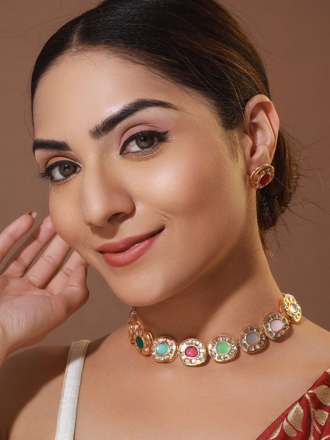 

Priyaasi Round Stone Studded Gold-Plated Choker Jewellery Set, Red