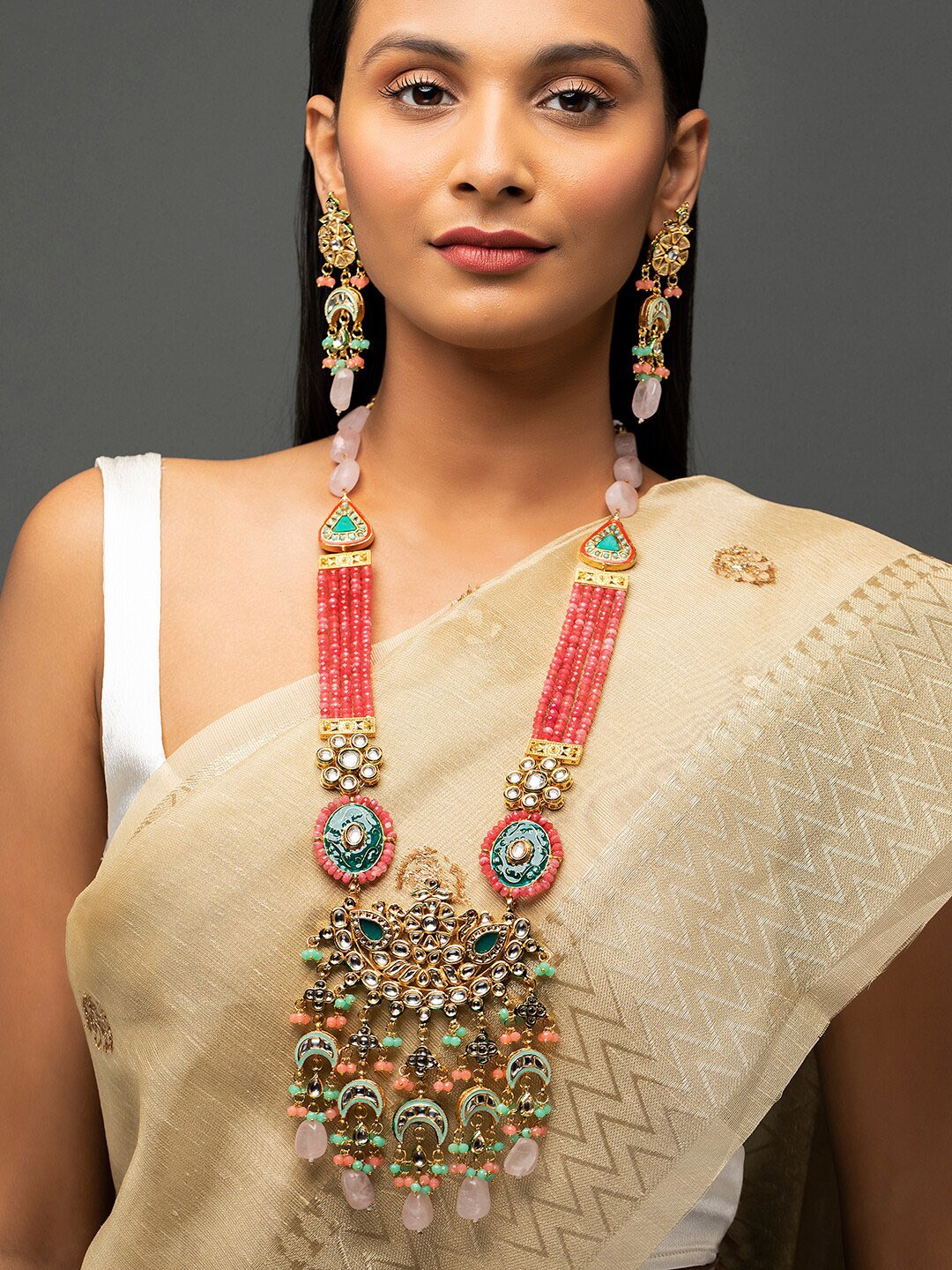 

Priyaasi Floral Kundan Layered Gold-Plated Jewellery Set, Pink