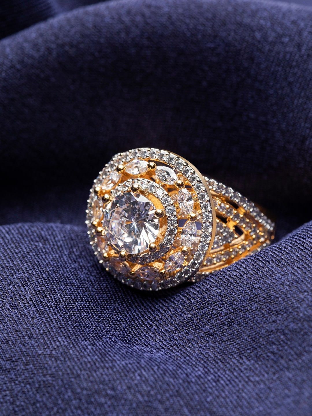 

Priyaasi Gold-Plated Solitaire Style American Diamond Studded Ring