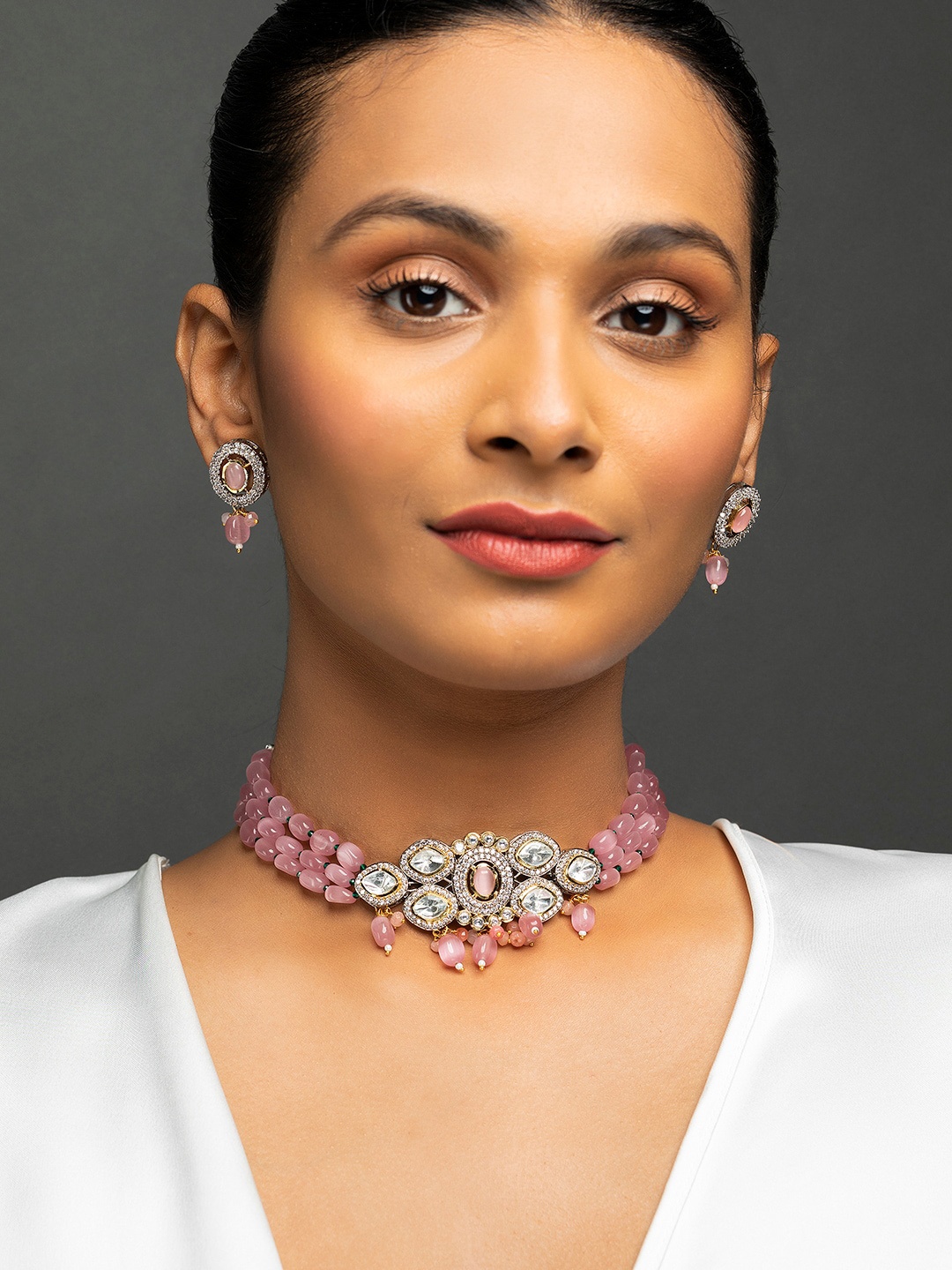 

Priyaasi Gold-Plated Halo Style Mulitlayer Studded Beaded Jewellery Set, Pink