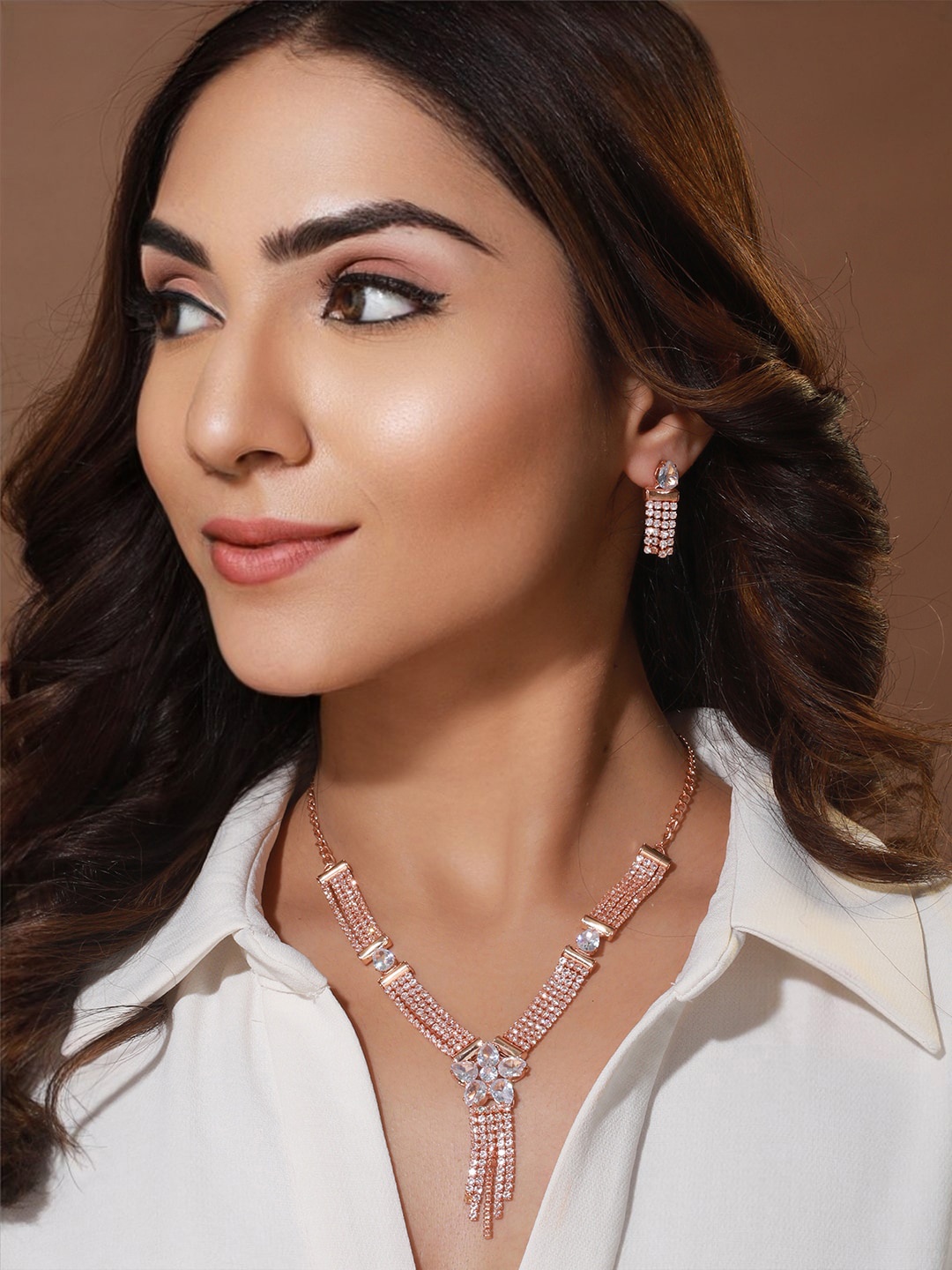 

Priyaasi Rose Gold-Plated Floral Layered Chain Design AD Jewellery Set