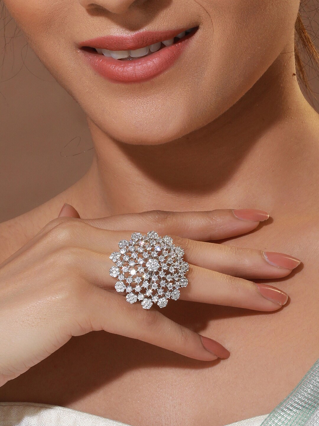 

Priyaasi Silver-Plated Floral American Diamond Cocktail Ring