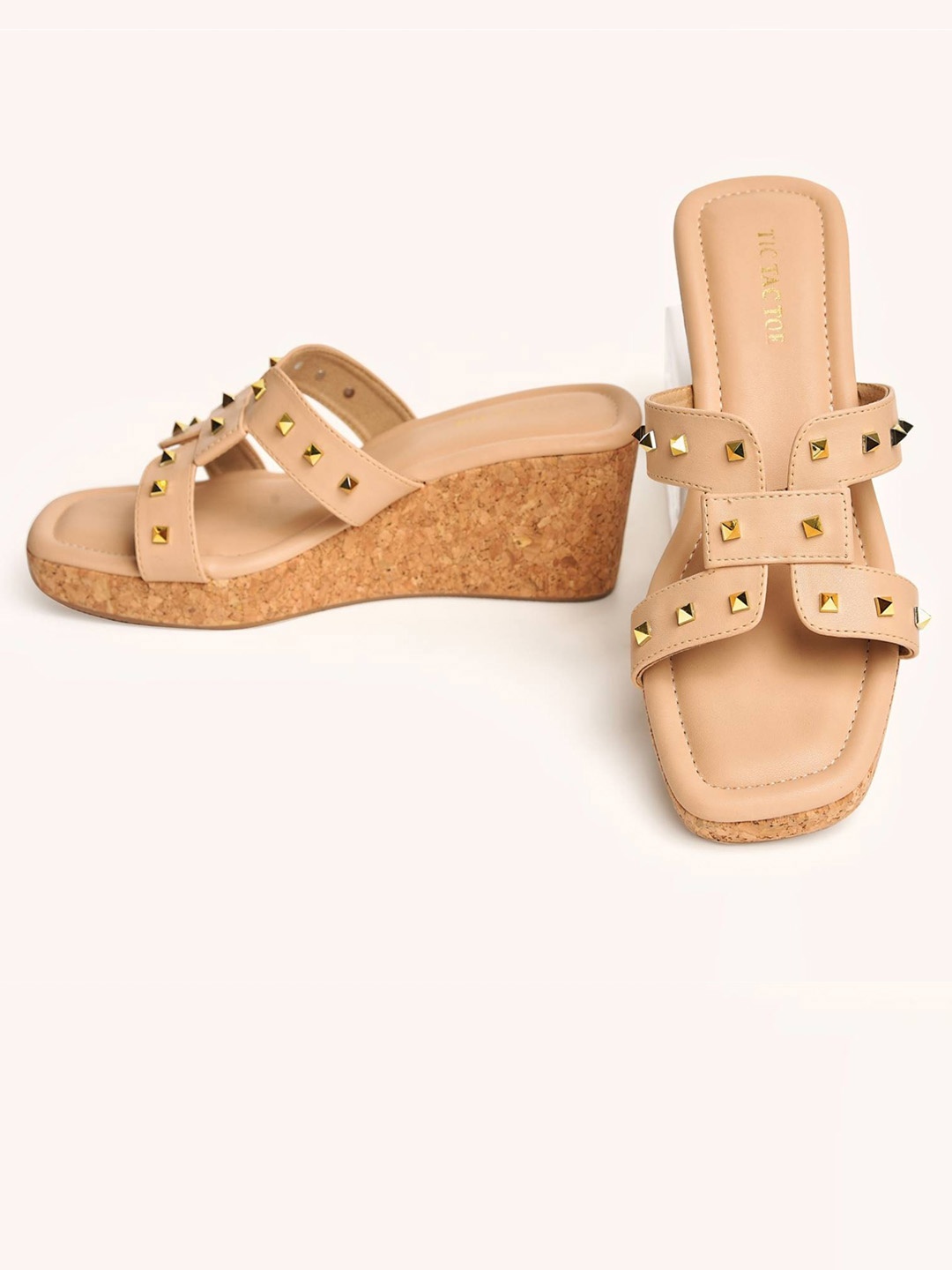 

TIC TAC TOE Embellished Open Toe Wedges, Beige