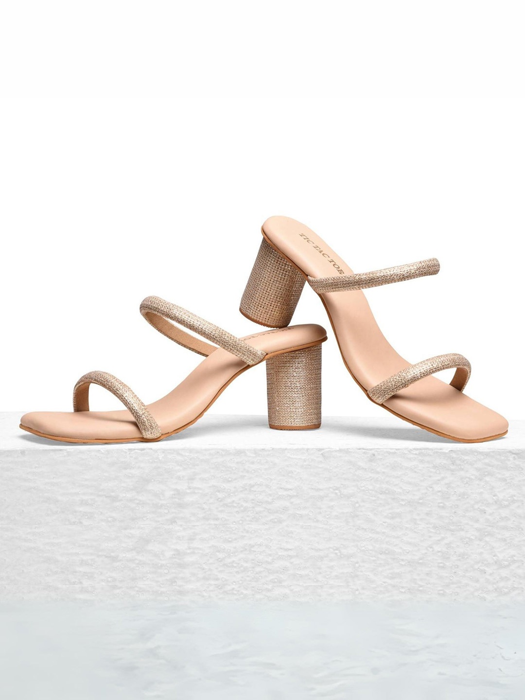 

TIC TAC TOE Embellished Open Toe Block Heels, Gold