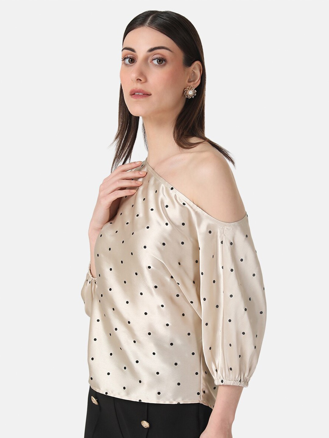 

Kazo Beige Polka Dots One Shoulder Puff Sleeves Satin Top