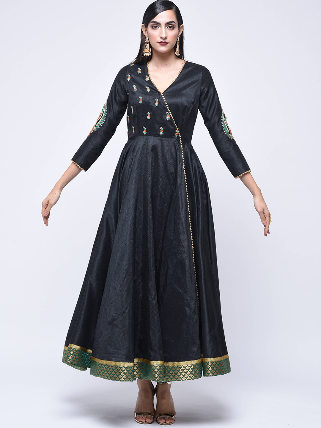 

KAANCHIE NANGGIA Embroidered V-Neck Silk Anarkali Ethnic Dress, Black
