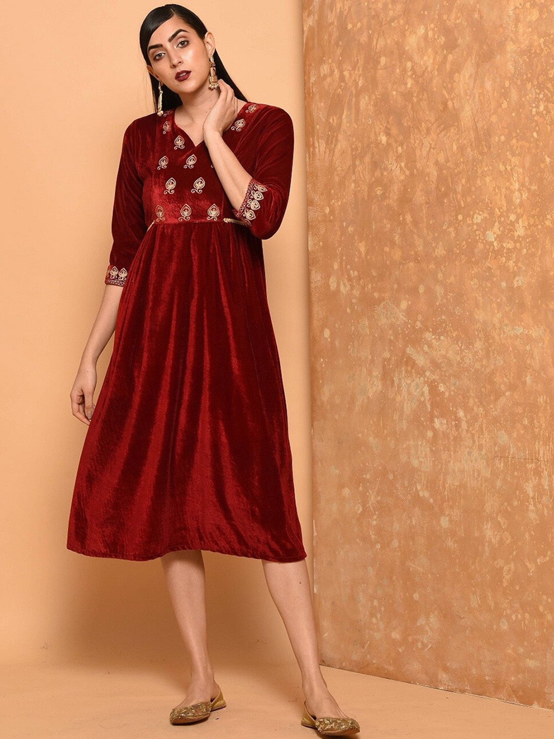 

KAANCHIE NANGGIA Ethnic Motifs Embroidered Fit & Flare Dress, Red