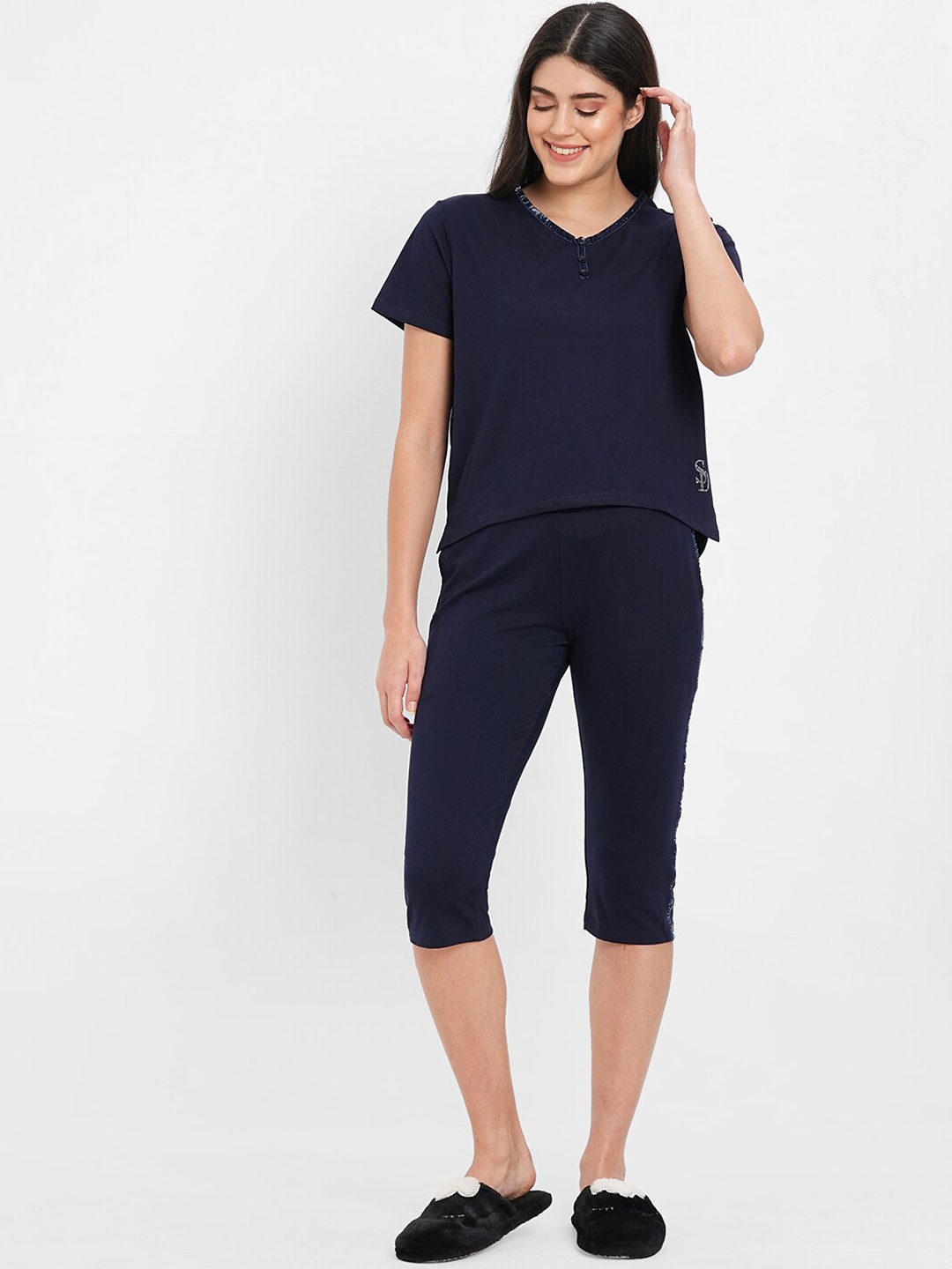 

Sweet Dreams V Neck Night Suit, Navy blue
