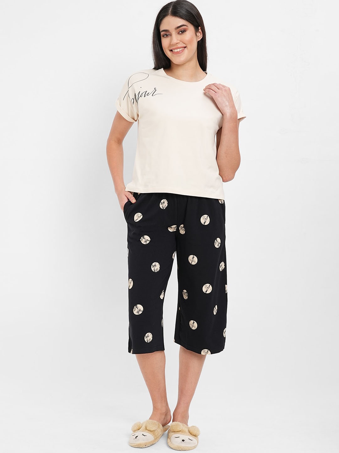 

Sweet Dreams Graphic Printed Night Suit, Beige
