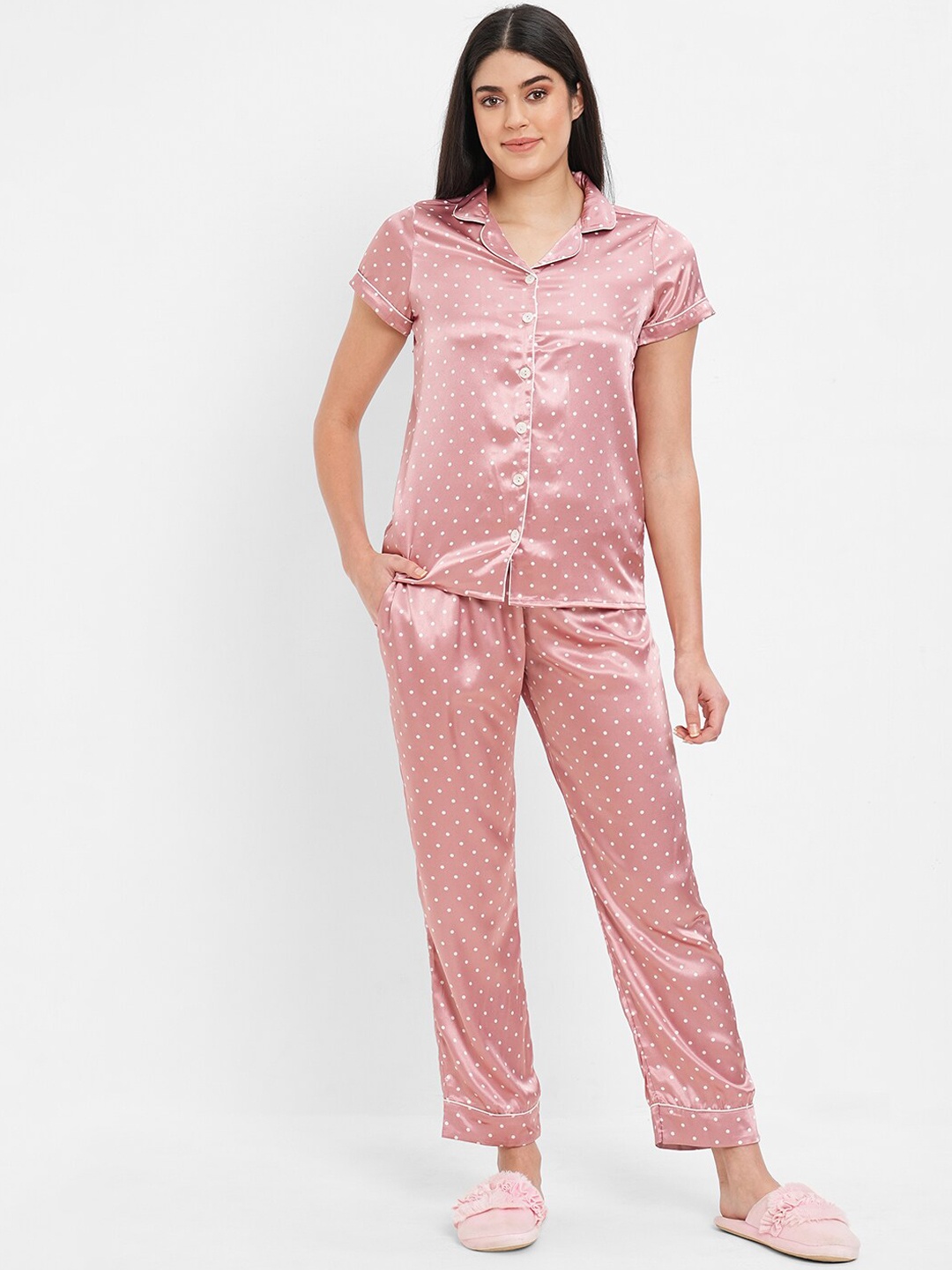 

Sweet Dreams Polka Dots Printed Satin Night Suit, Pink