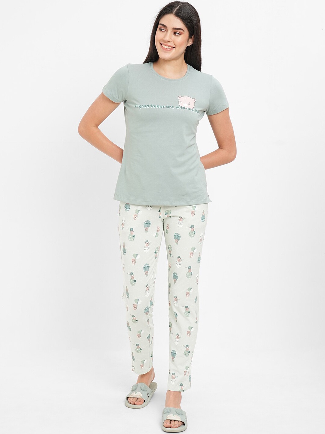 

Sweet Dreams Conversational Printed Night Suit, Green
