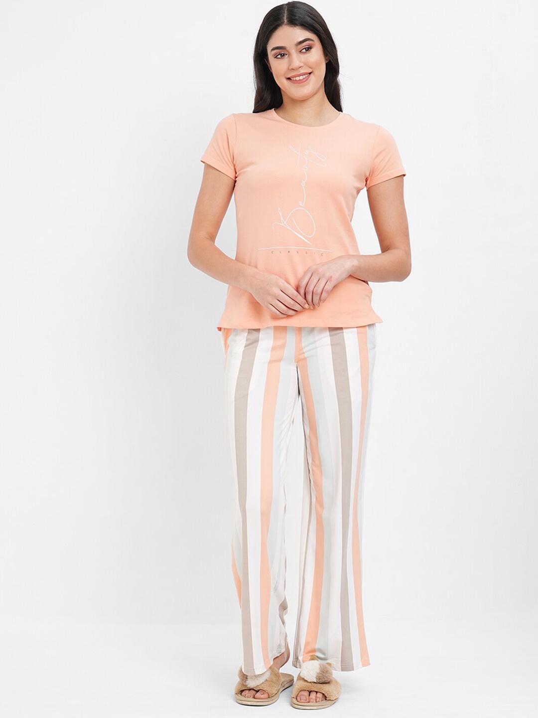 

Sweet Dreams Striped Night Suit, Peach