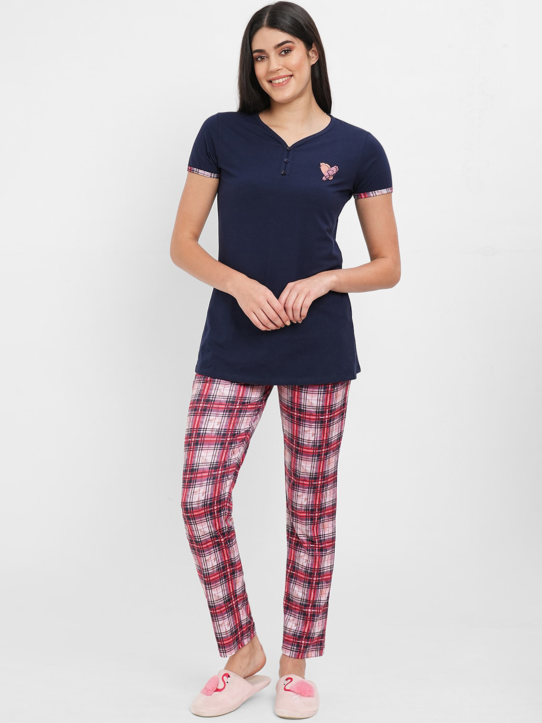 

Sweet Dreams Checks Night Suit, Navy blue