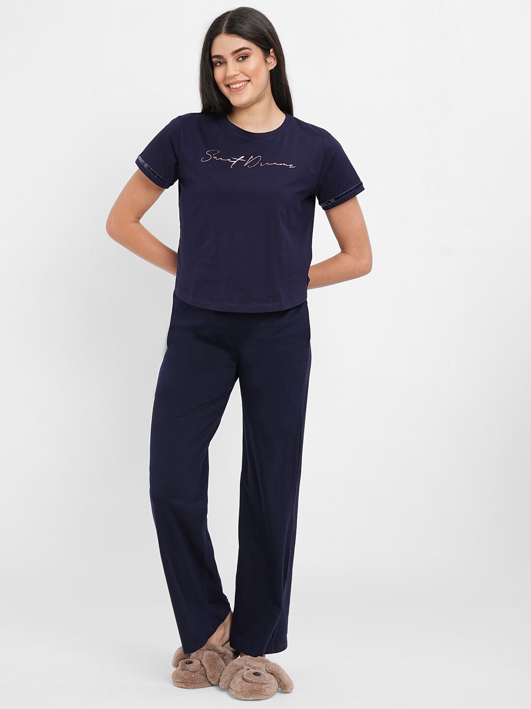 

Sweet Dreams Typography Printed Night Suit, Navy blue