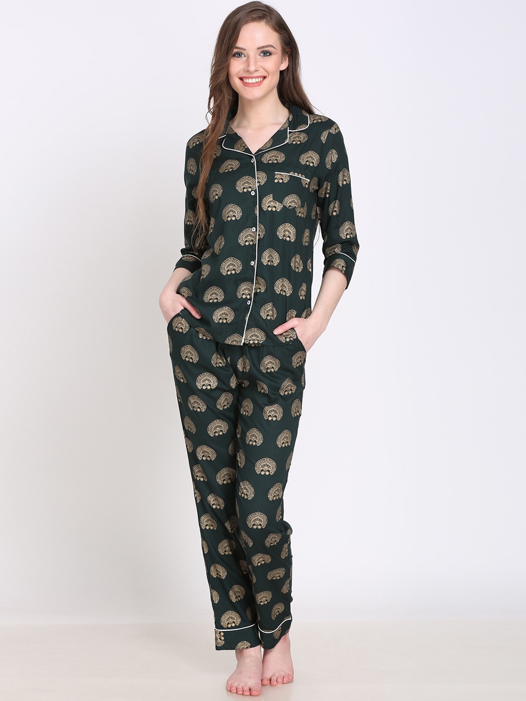 

HERE&NOW Ethnic Motifs Printed Night Suit, Green
