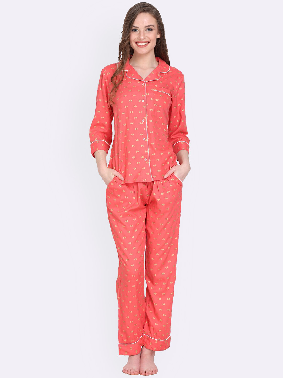 

HERE&NOW Geometric Printed Night Suit, Coral