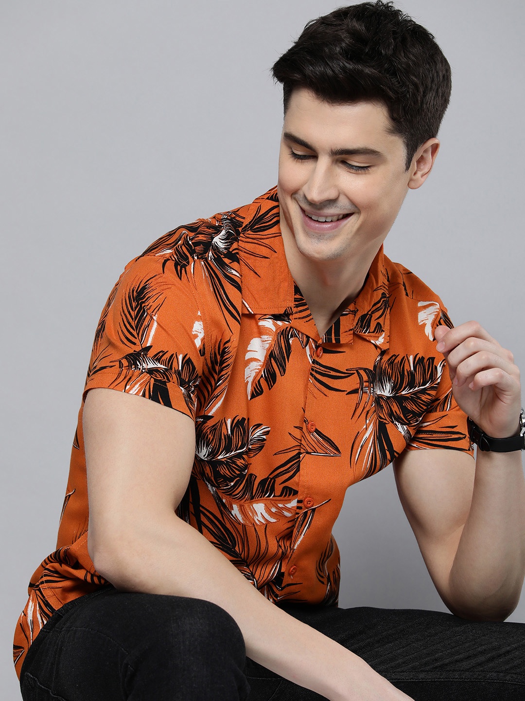 

HERE&NOW Men Slim Fit Tropical Opaque Printed Casual Shirt, Orange