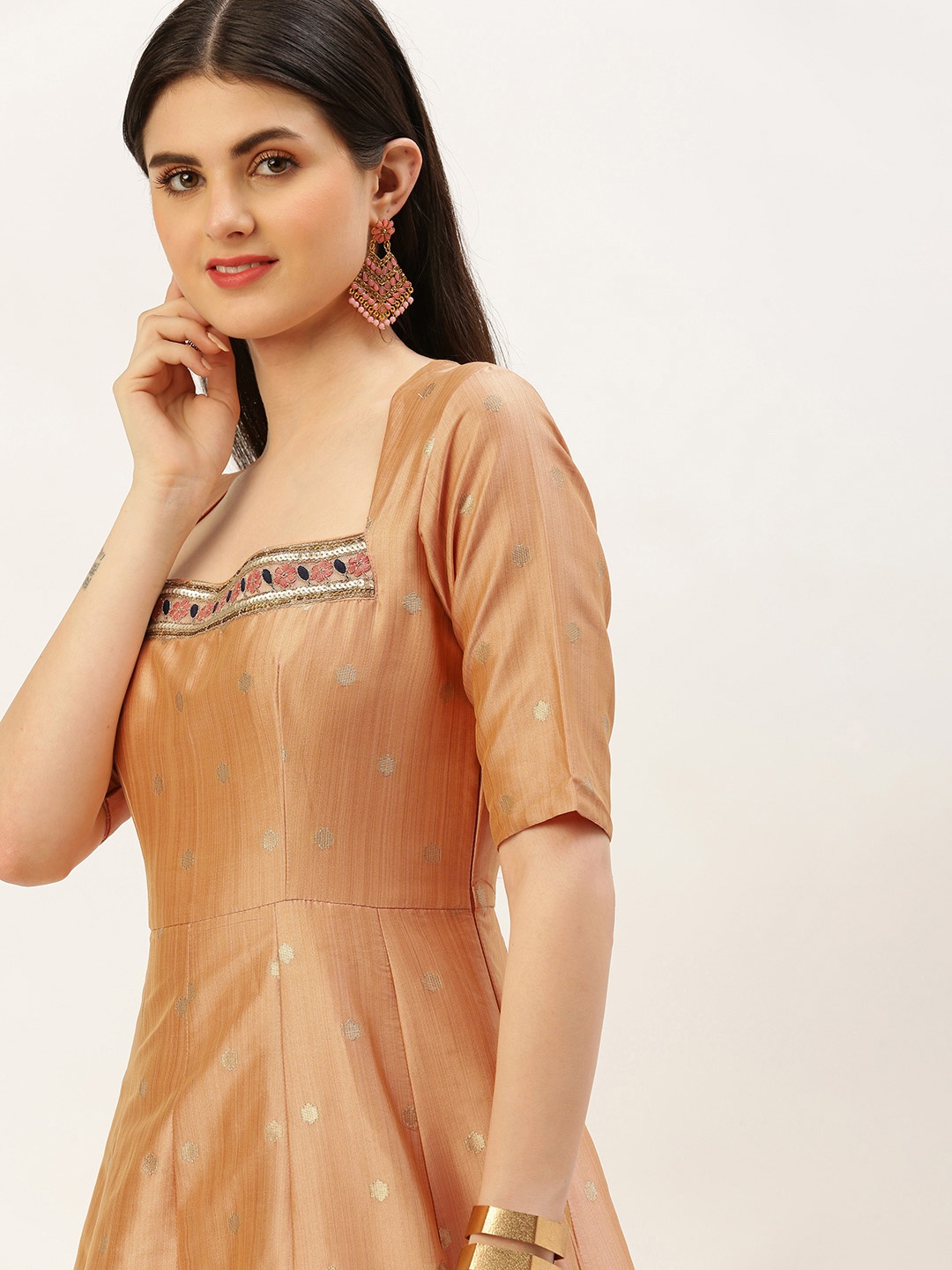 

Ethnovog Floral Embroidered Sequined Gown Dress, Peach