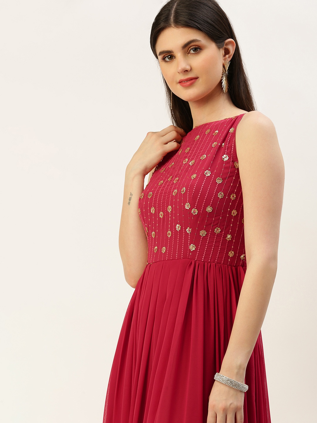 

Ethnovog Floral Embroidered Sequined Maxi Dress, Red