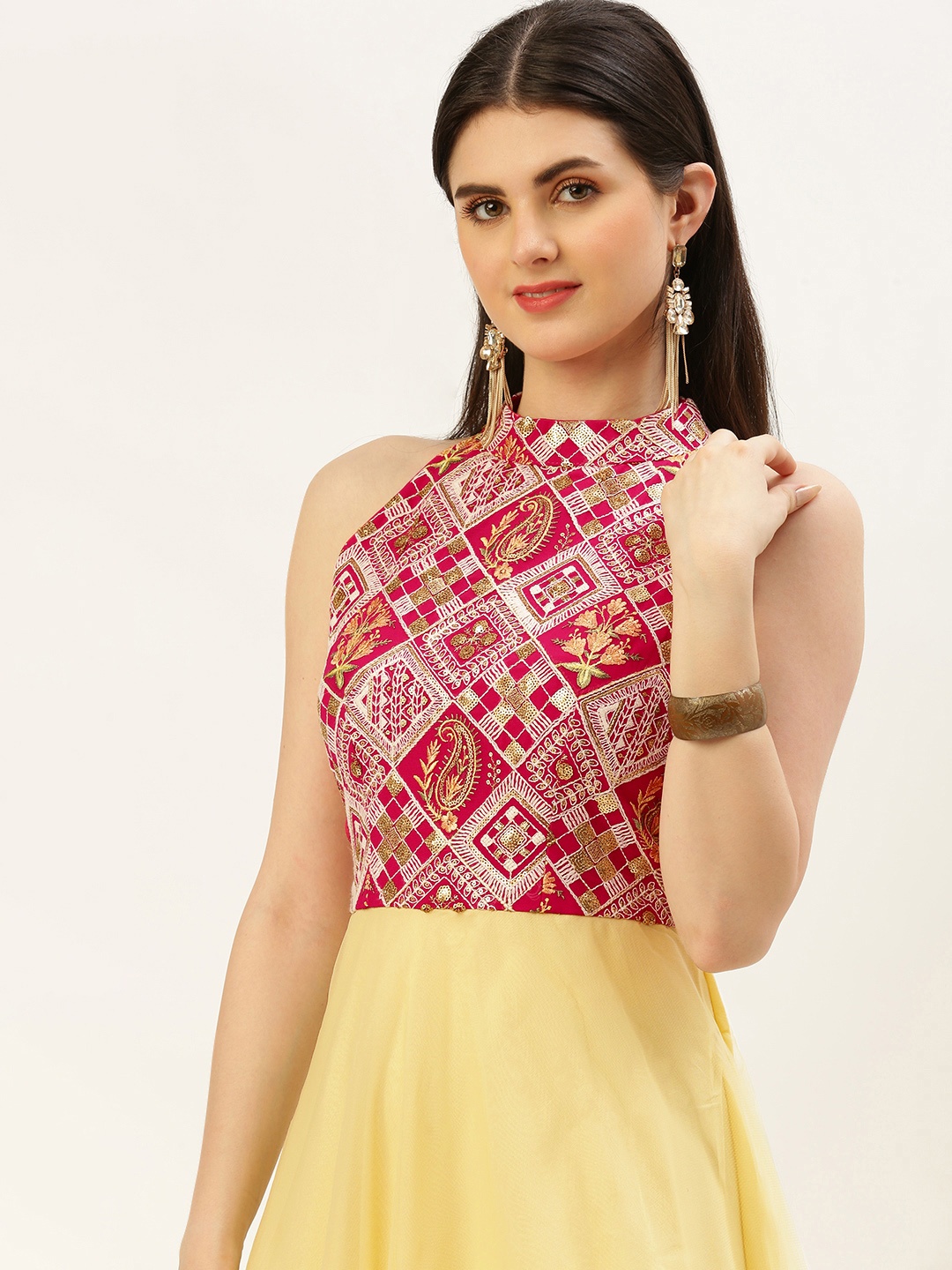 

Ethnovog Floral Embroidered Sequinned Georgette Maxi Ethnic Dress, Yellow