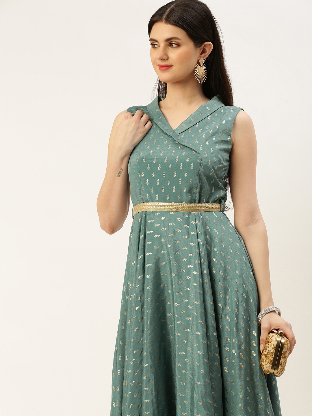 

Ethnovog Foil Printed Chinon Maxi Ethnic Dress, Green