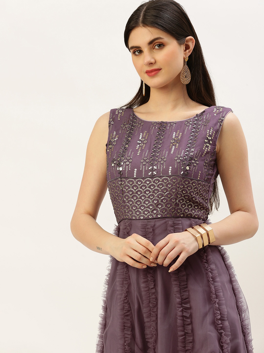 

Ethnovog Ethnic Motifs Embellished Ruffles Gown Dress, Purple