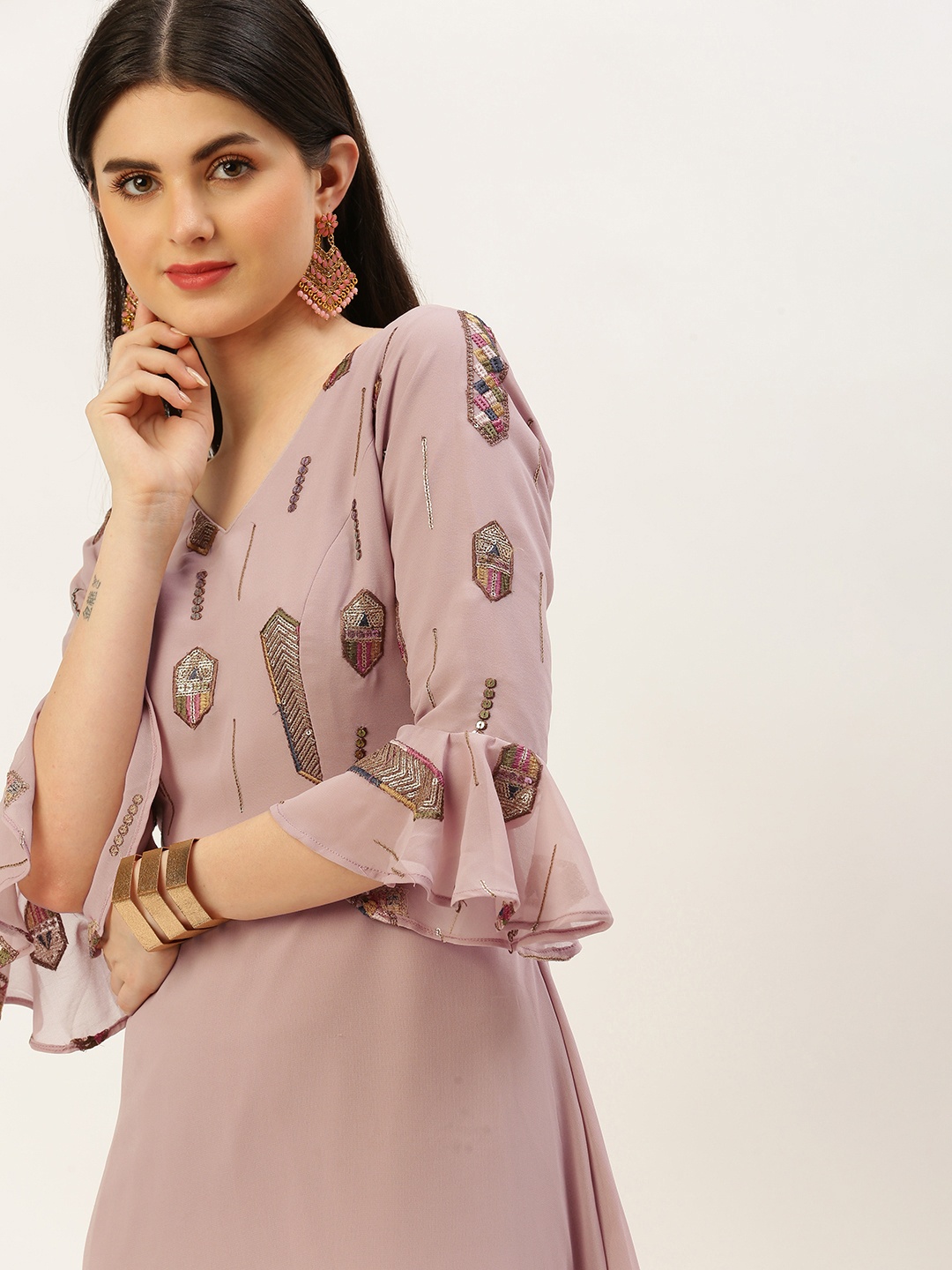 

Ethnovog Geometric Embroidered Sequined Maxi Dress, Pink