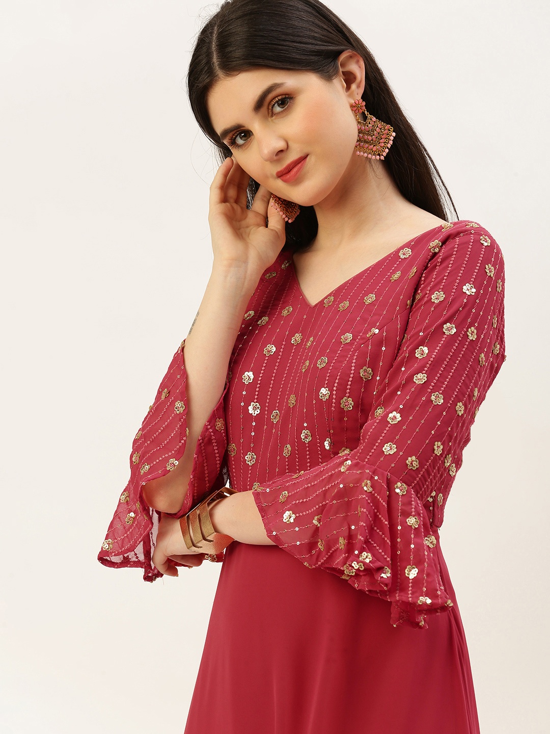 

Ethnovog Floral Embroidered Sequined Maxi Dress, Red