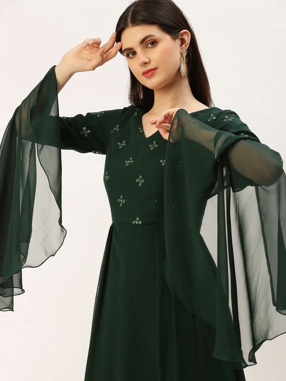 

Ethnovog Embroidered Sequinned Maxi Ethnic Dress, Green