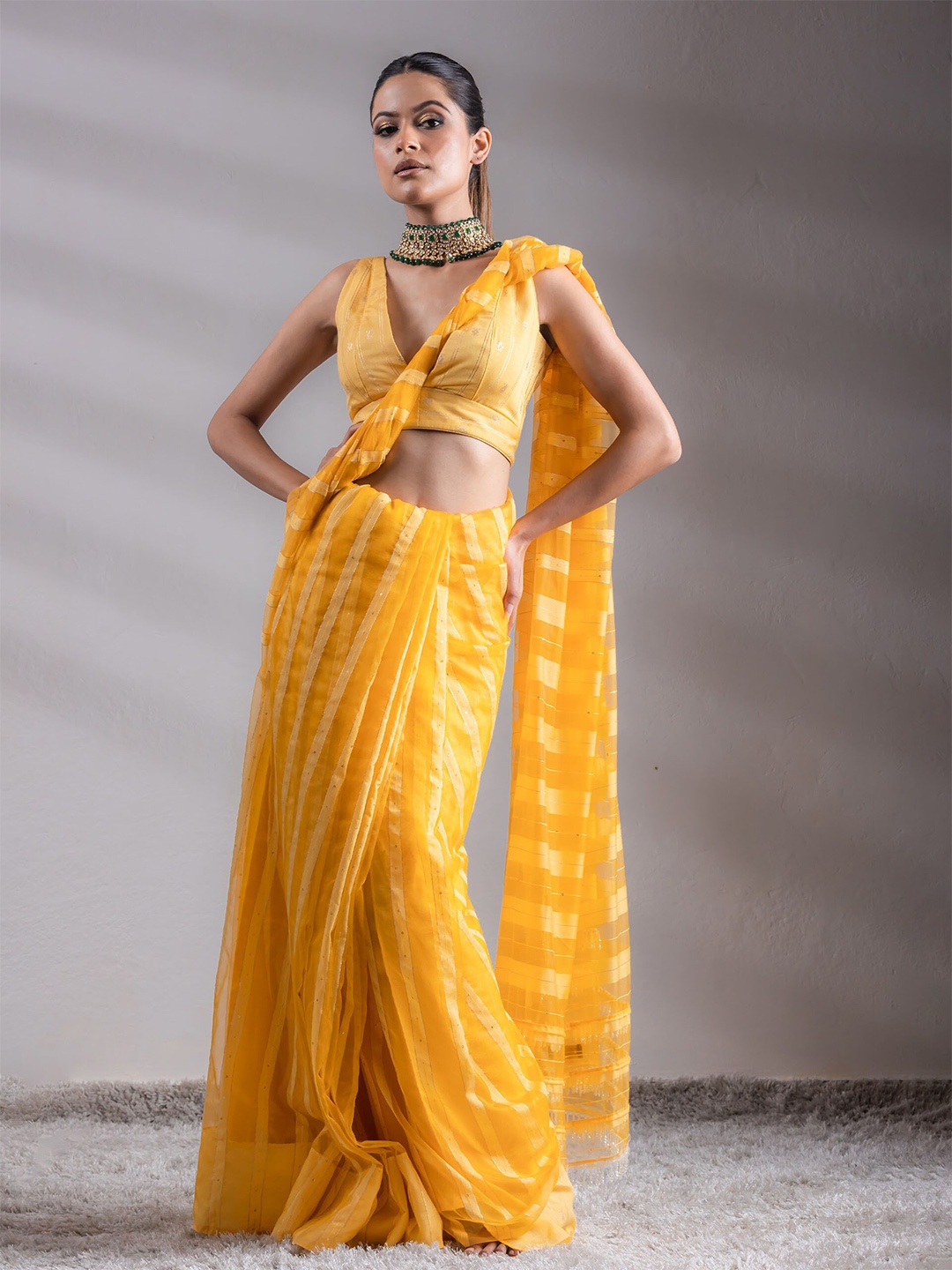 

Swtantra Striped Sequinned Organza Saree, Yellow