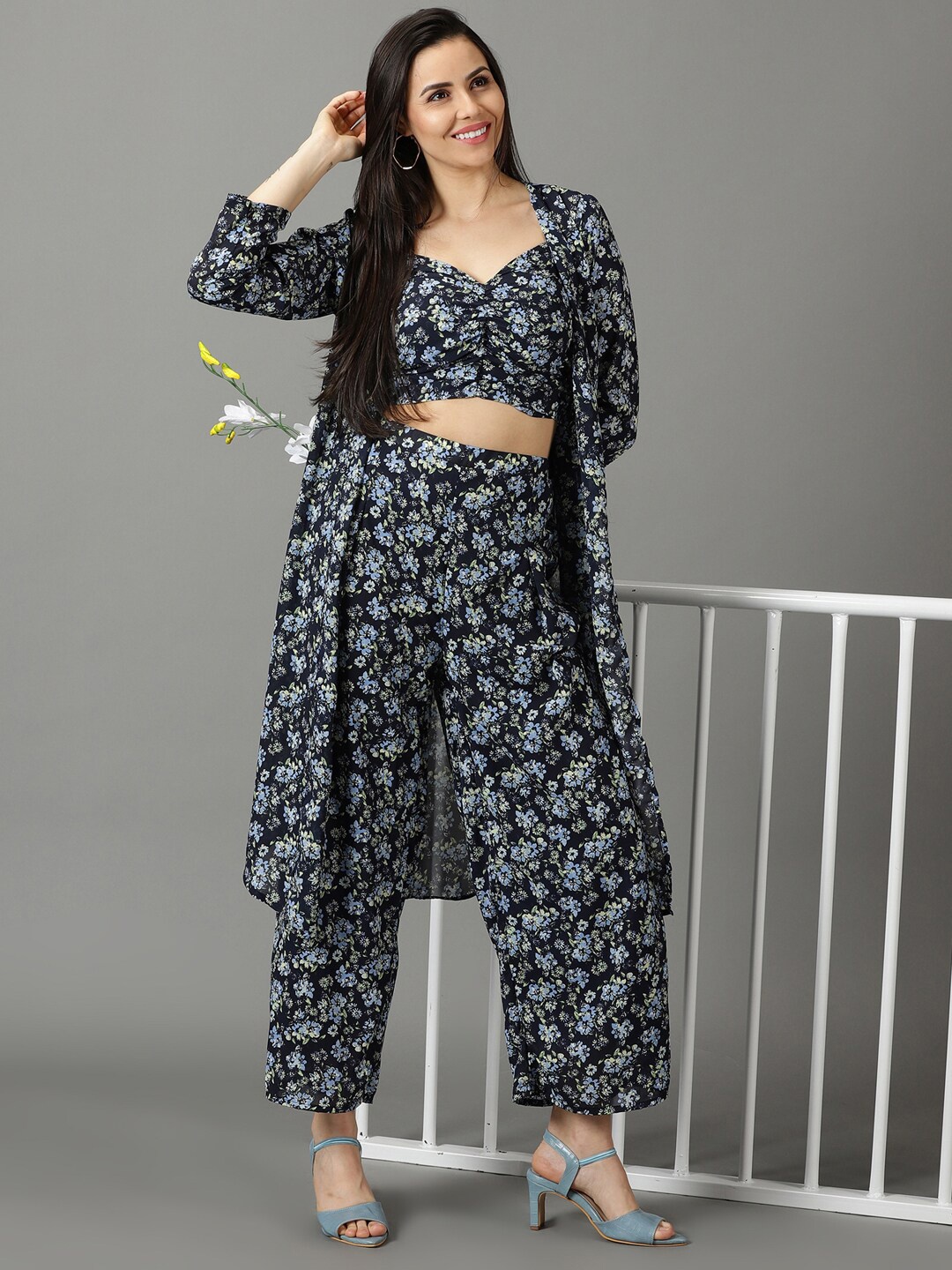 

SHOWOFF Printed Top & Palazzos With Shrug Co-Ords, Navy blue