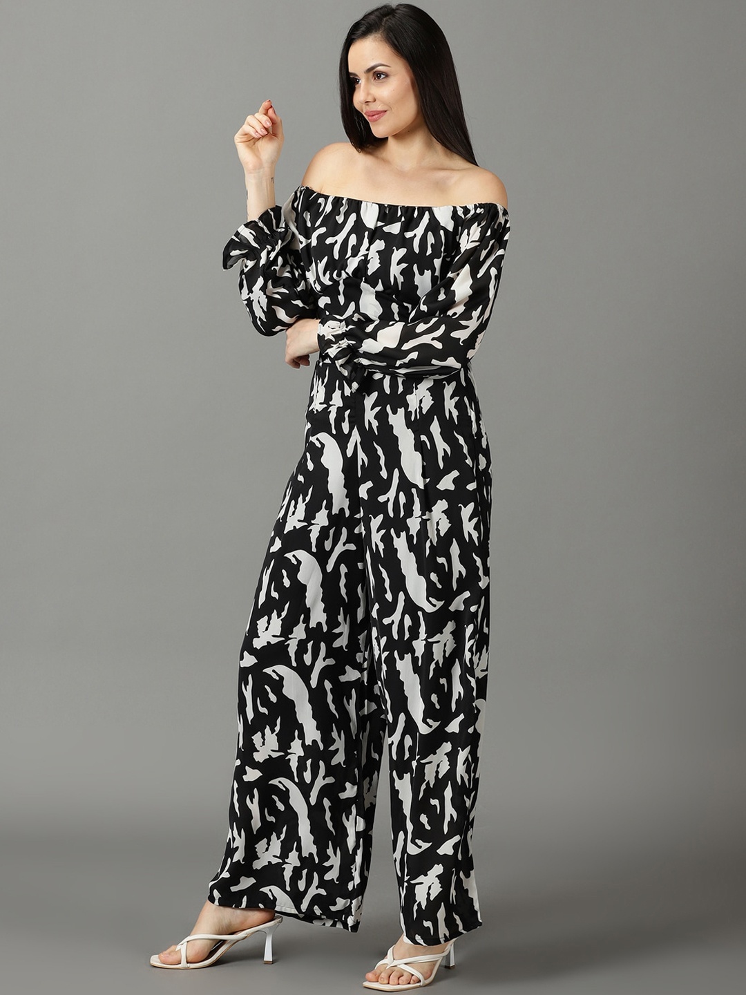 

SHOWOFF Printed Off Shoulder Long Sleeves Top & Palazzos Co-Ords, Black