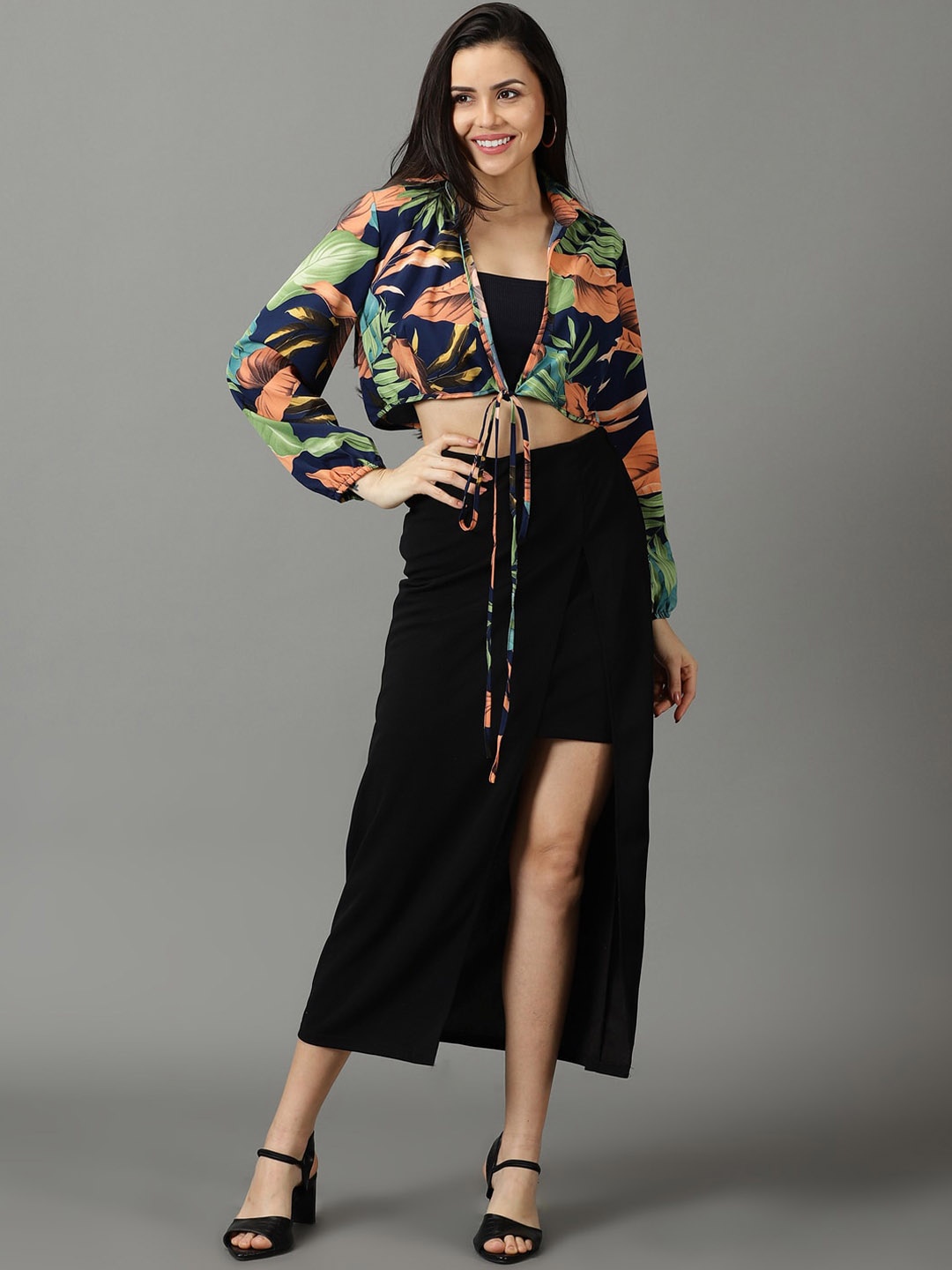 

SHOWOFF V-Neck Printed Long Sleeves Top & Skirt With Jacket Co-Ords, Black