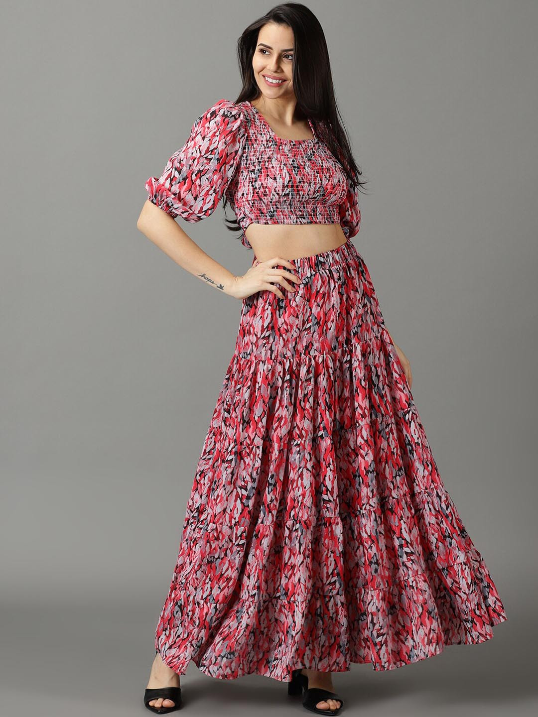 

SHOWOFF Women Printed Top & Skirt Co-Ords, Pink