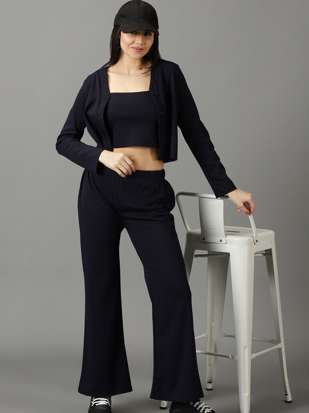 

SHOWOFF Women Acrylic Shoulder Strap Top & Palazzos With Jacket Co-Ords, Navy blue