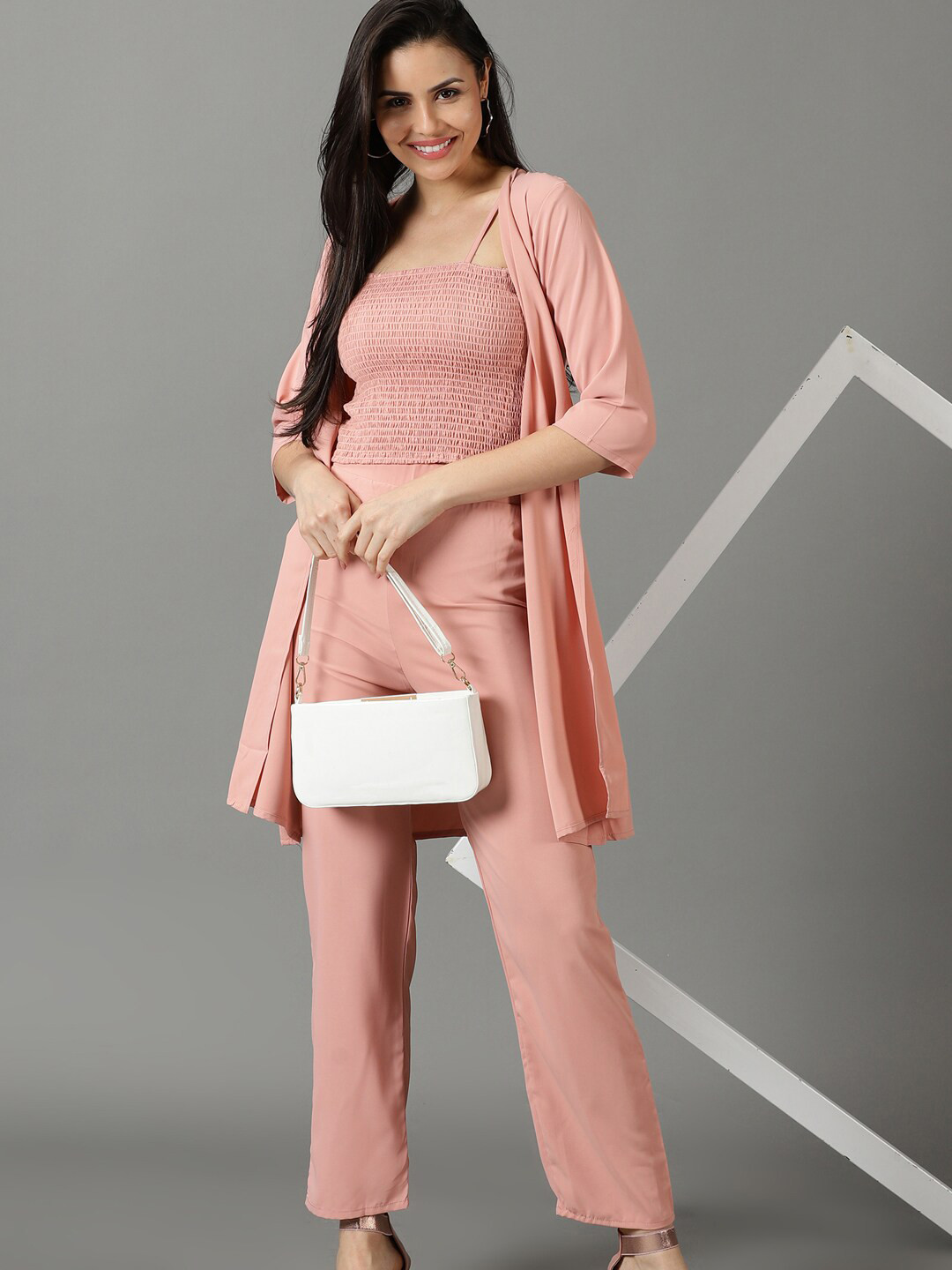 

SHOWOFF Sleeveless Shoulder Strap Top & Trouser With Shrug Co-Ords, Pink