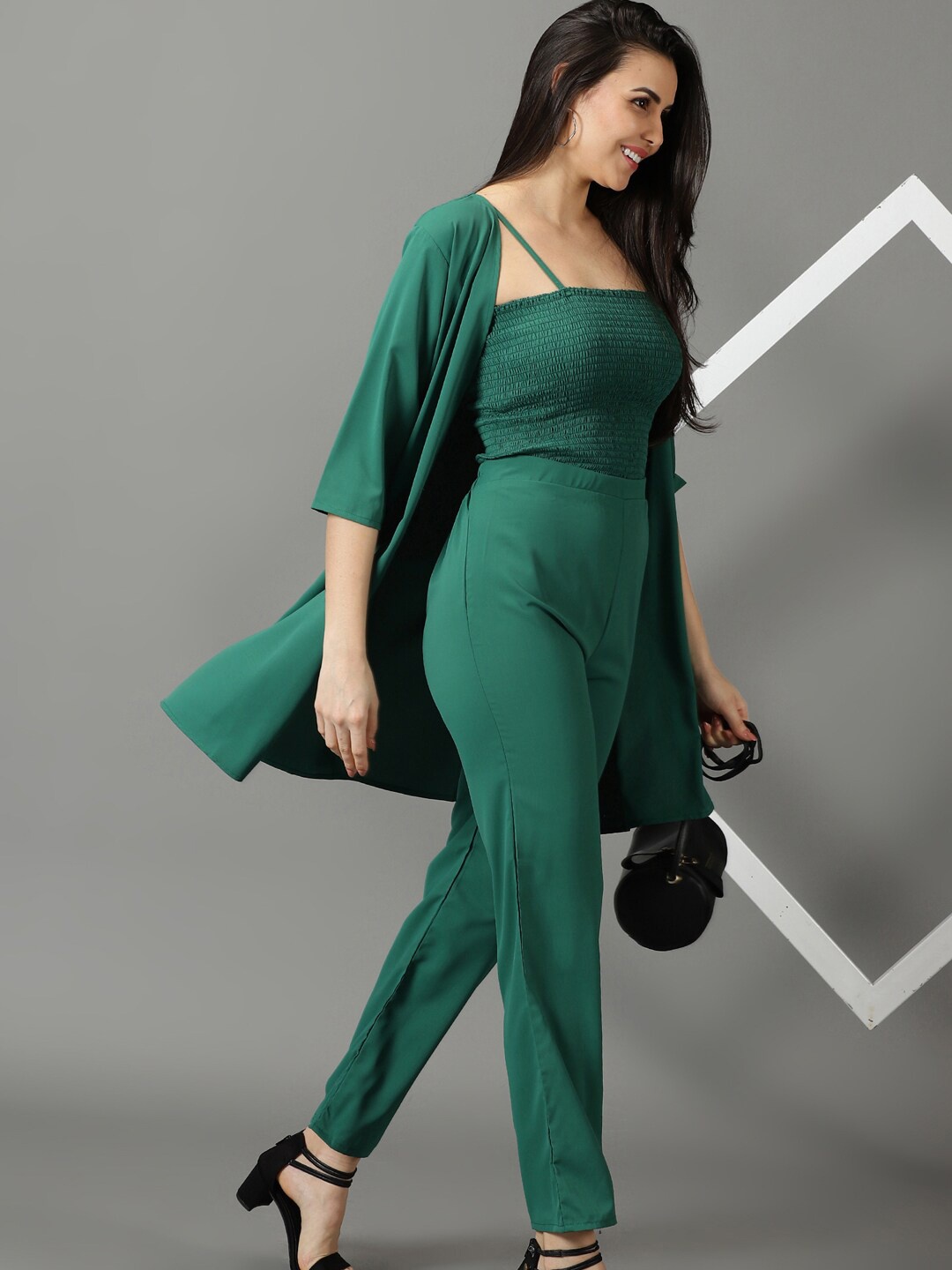 

SHOWOFF Shoulder Strap Sleeveless Top & Palazzos With Shrug Co-Ords, Green