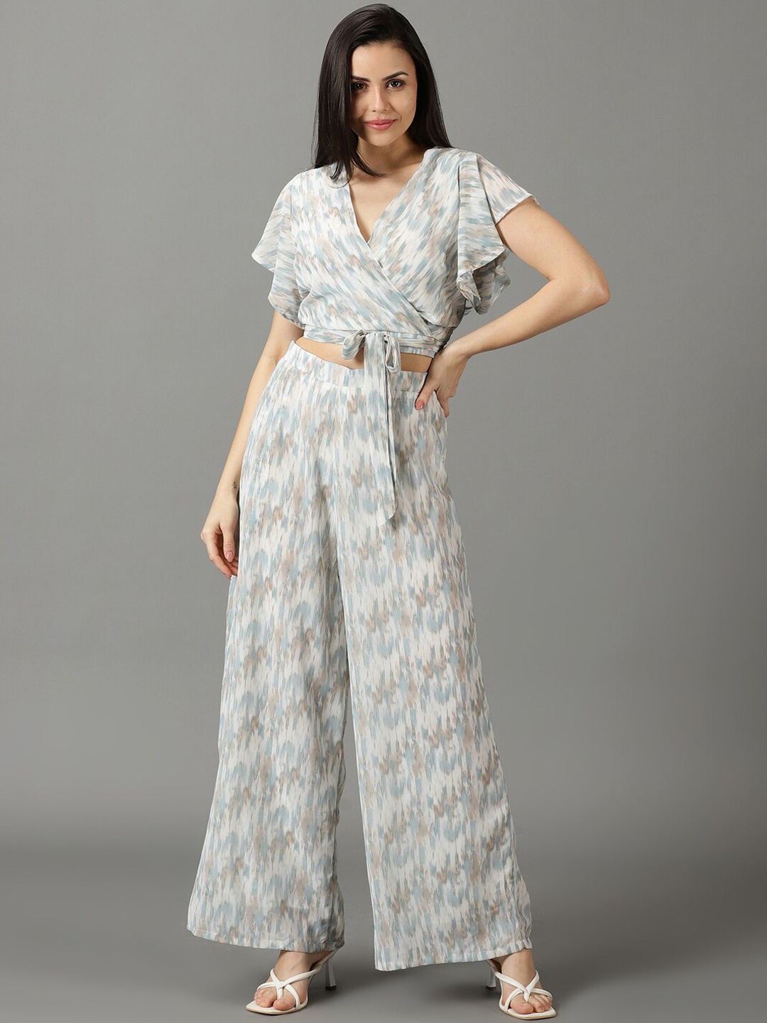 

SHOWOFF V-Neck Printed Short Sleeves Top & Palazzos Co-Ords, White