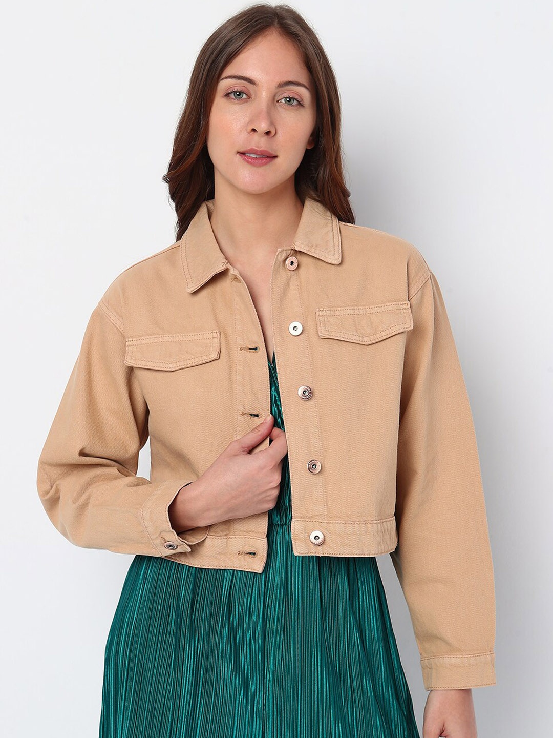 

Vero Moda Jeans Couture Cotton Crop Denim Jacket, Beige