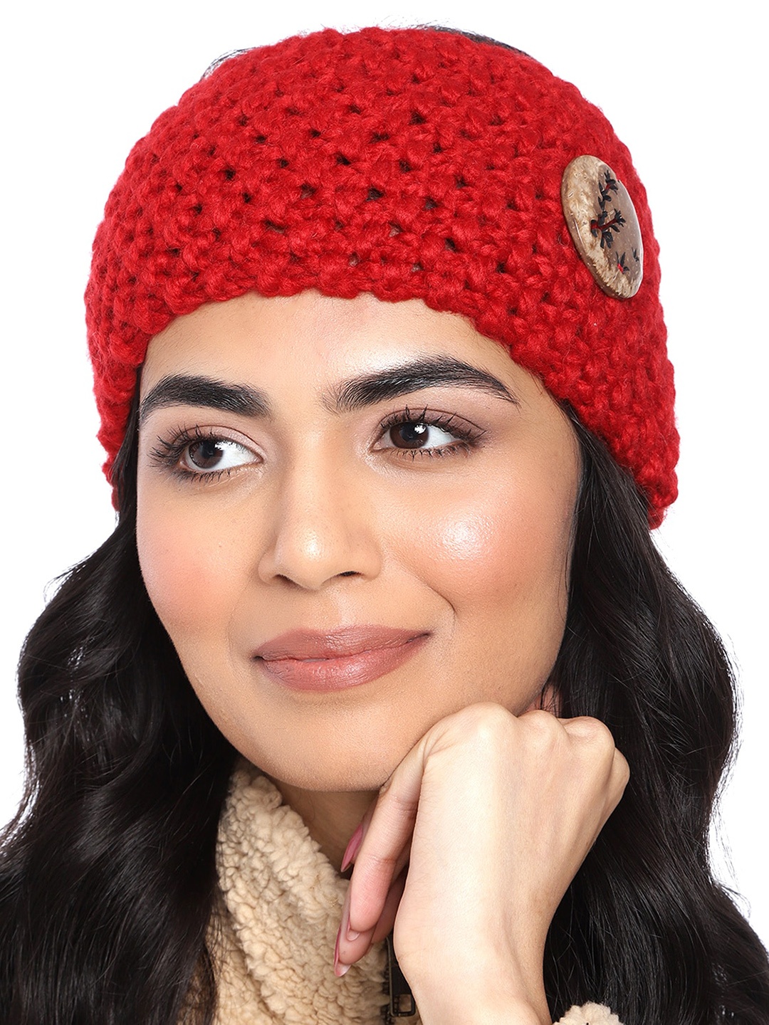 

Magic Needles Woven Design Woolen Headband With Carved Button, Red